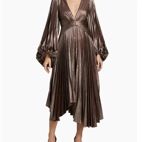 Acler Palms Pleated Satin Midi-Dress Coffee Metallic - Picture 2 of 6